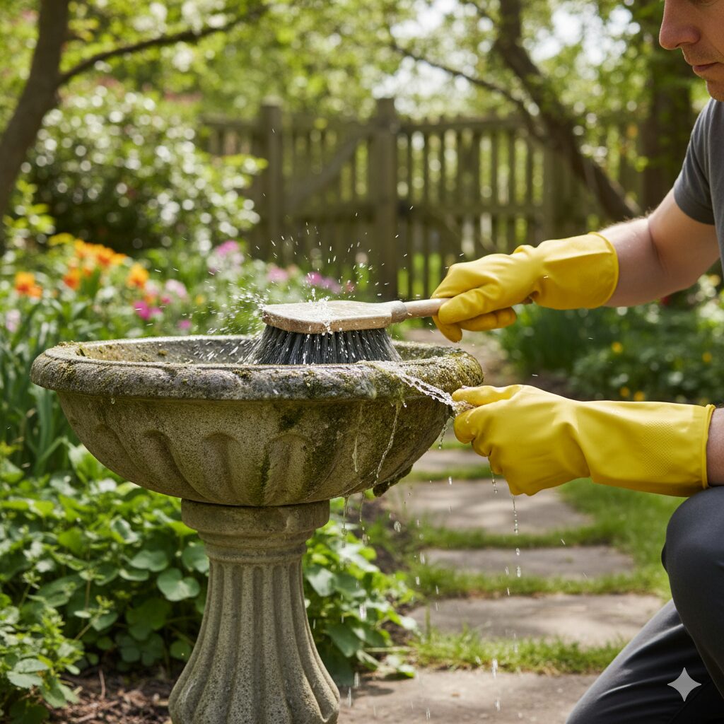 A person wearing gloves and scrubbing a bird bath with a long-handled brush.
