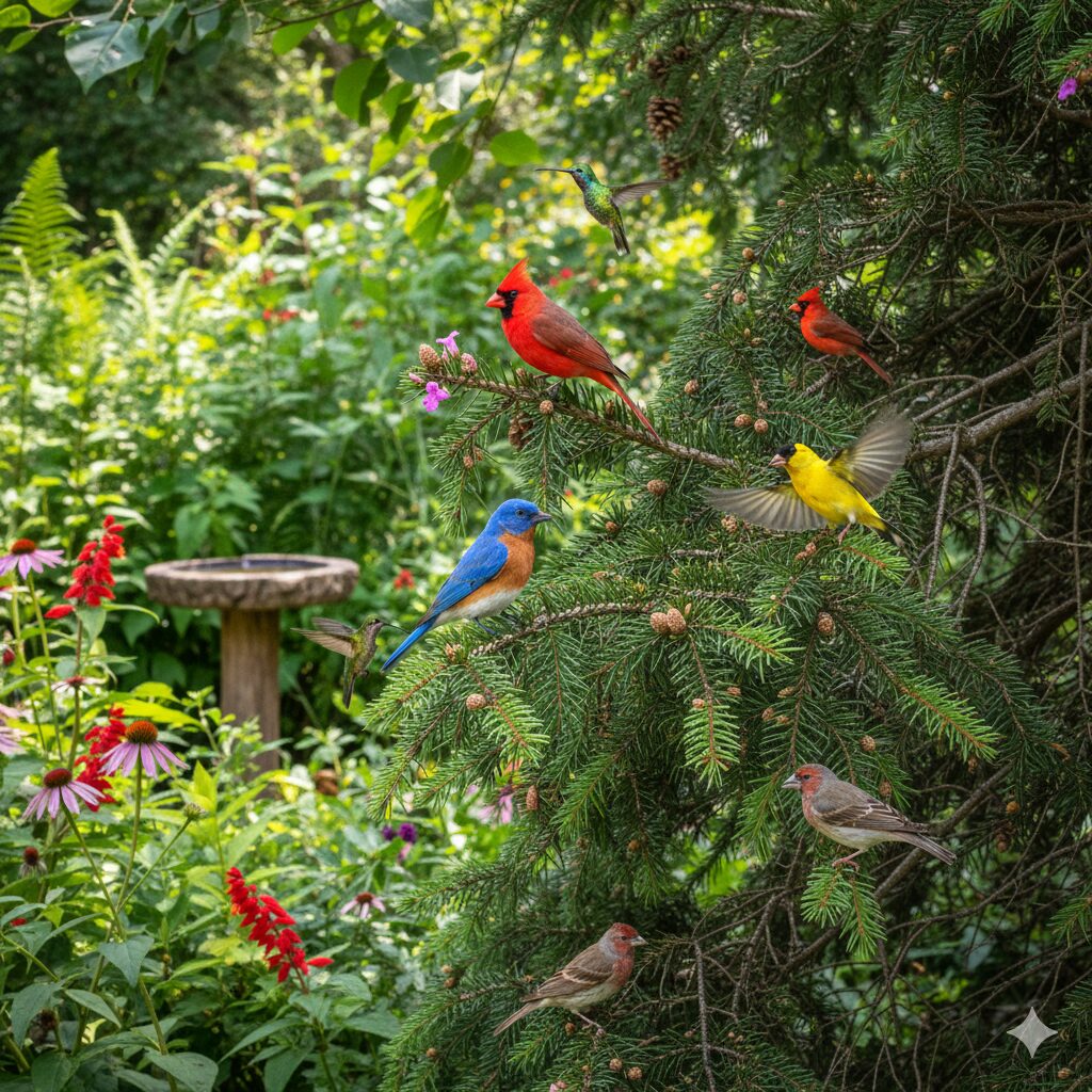 A variety of colorful birds, including a bluebird and finch, landing on an evergreen bush in a diverse backyard.