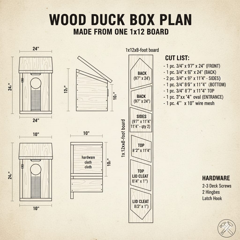 A diagram of a wood duck box plan with cut list from a 1x12 board.