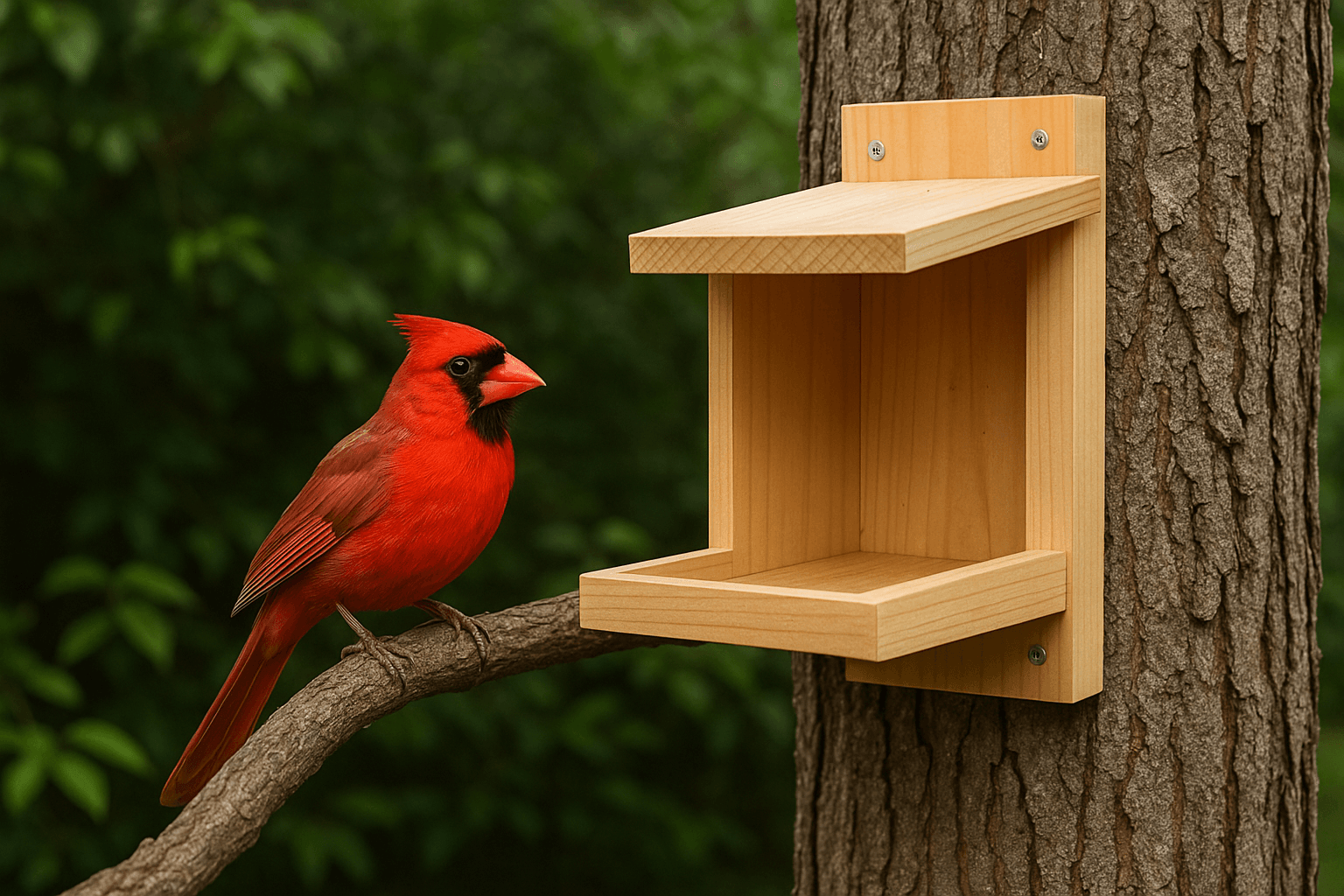 A brilliant male Northern Cardinal perched in a dense, leafy dogwood tree, the type of nesting habitat it prefers.