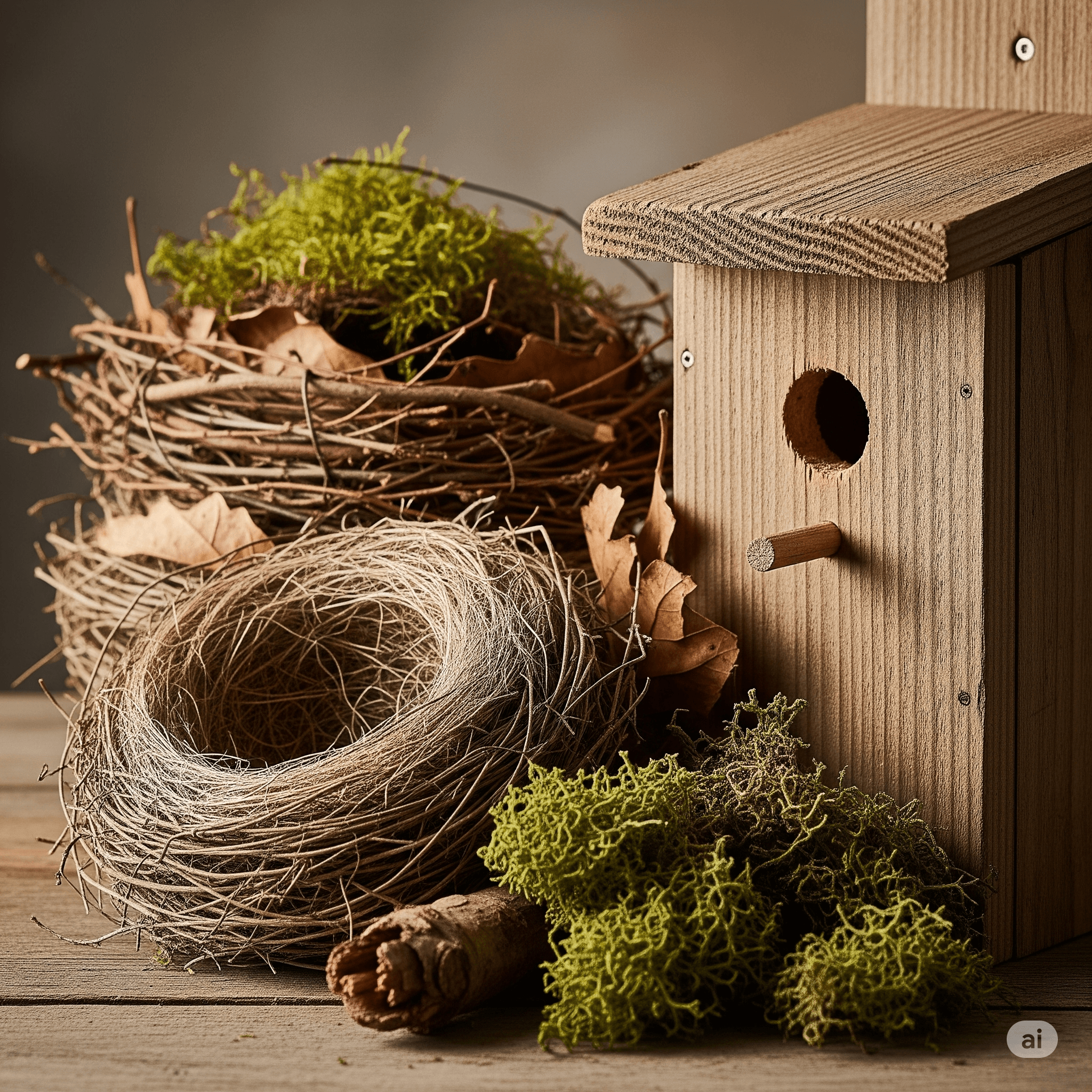 A small brown wren carrying a twig towards a wooden birdhouse.